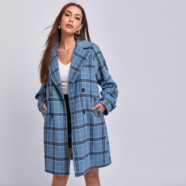 

Peak Collar Slant Pocket Tartan Pea Overcoat, Dusty blue