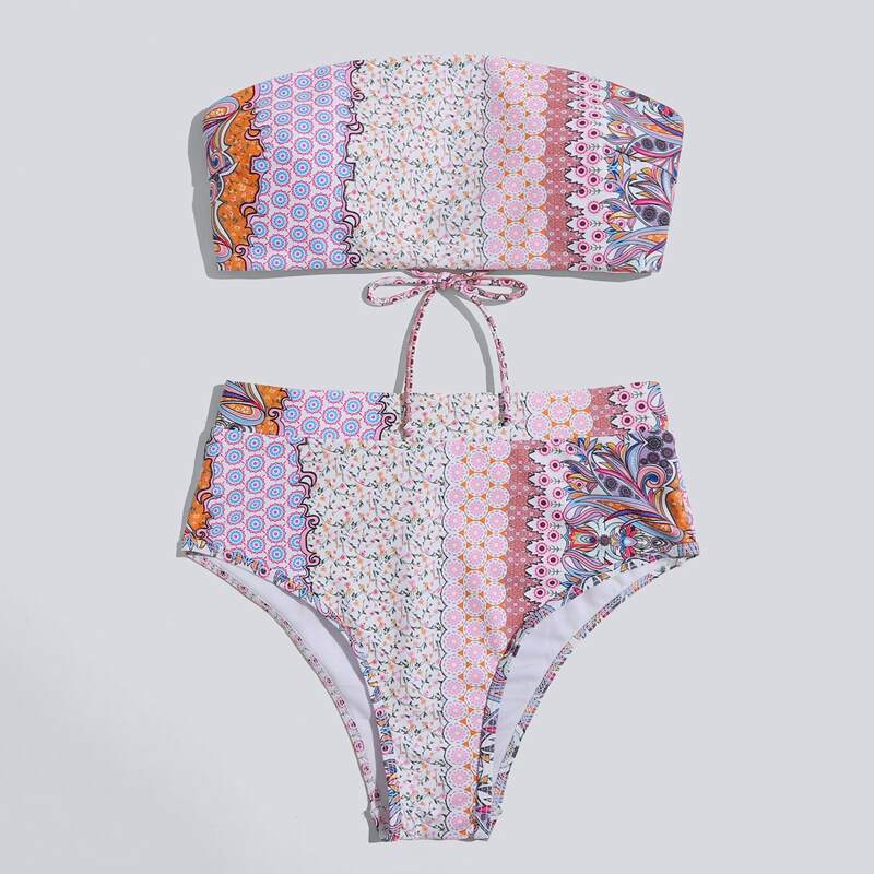 

Floral Pattern Lace-up High Waist Bikini Swimsuit, Multicolor