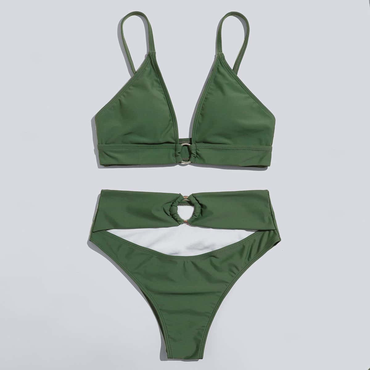 

Ring Decor Cut-out High Leg Bikini Swimsuit, Green