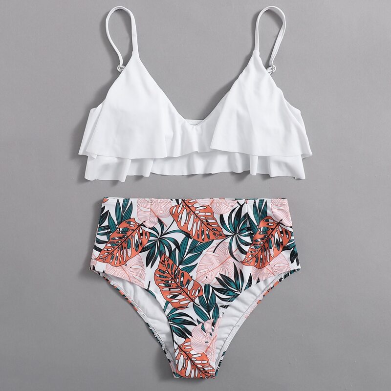 

Tropical Leaf Print Ruffle Bikini Swimsuit, Multicolor
