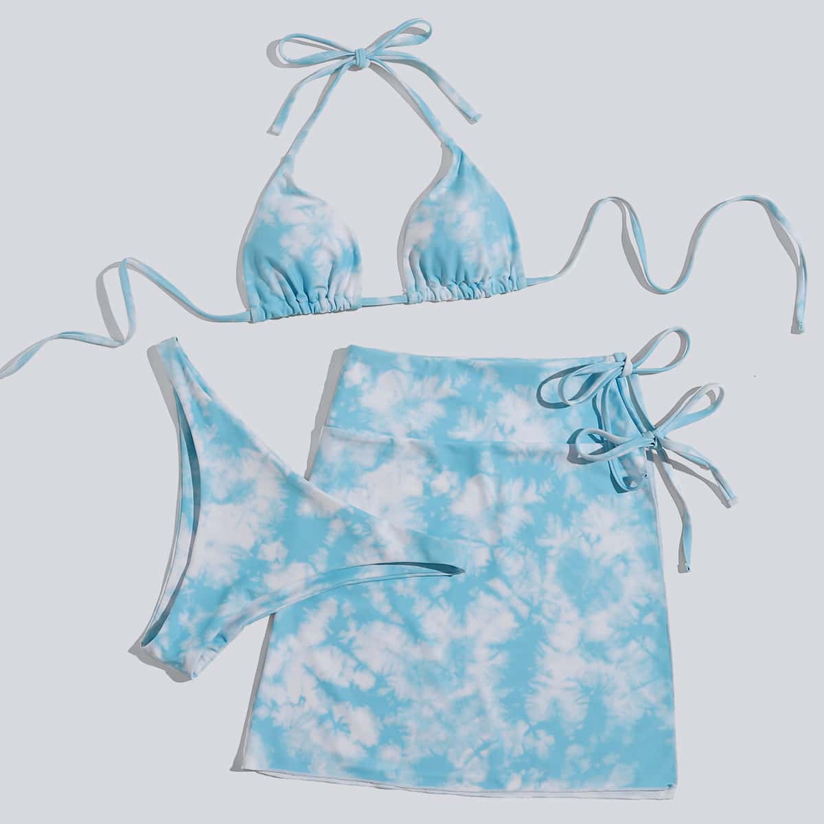 

3pack Tie Dye Bikini Swimsuit With Beach Skirt, Blue and white