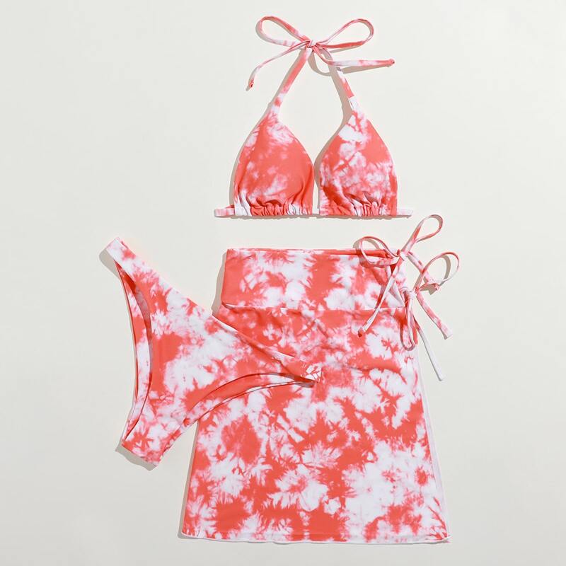 

3pack Tie Dye Bikini Swimsuit With Beach Skirt, Multicolor
