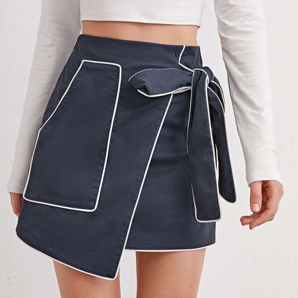 

Contrast Binding Wrap Knot Skirt, Navy blue