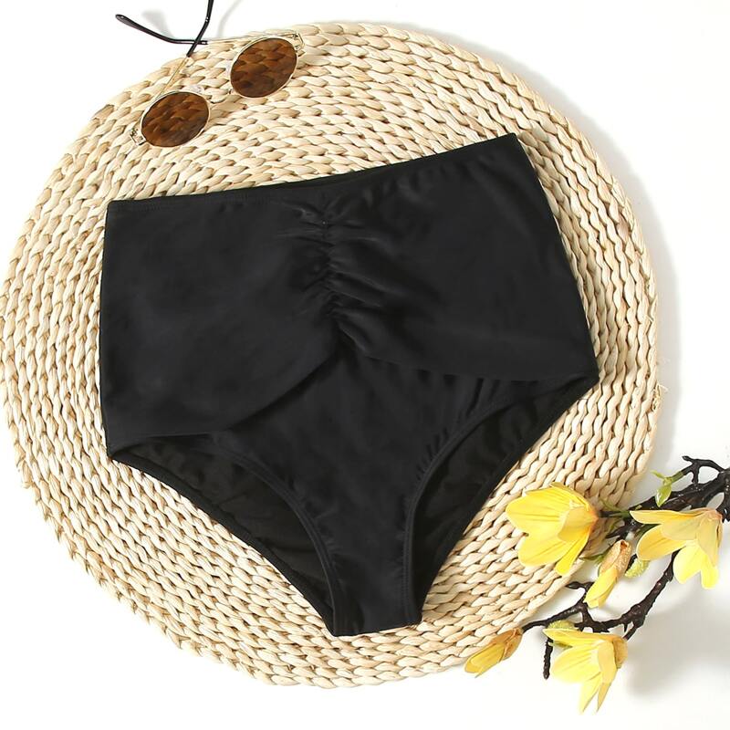 

Ruched High Waist Bikini Bottom, Black