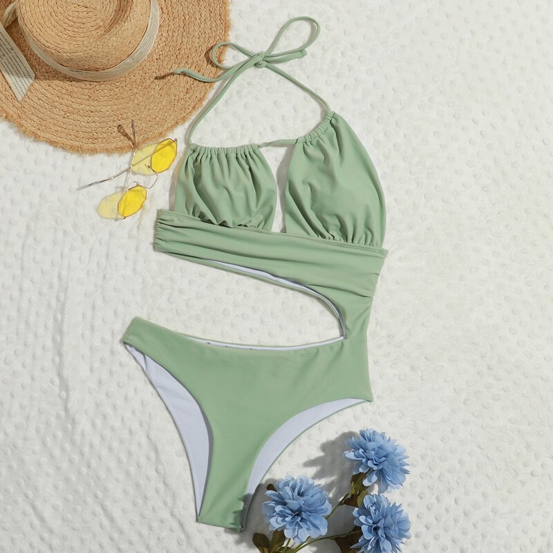 

Drawstring Cut-out One Piece Swimsuit, Green