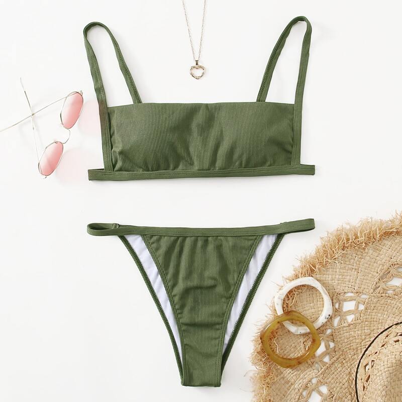 

Ribbed Tanga Bikini Swimsuit, Army green