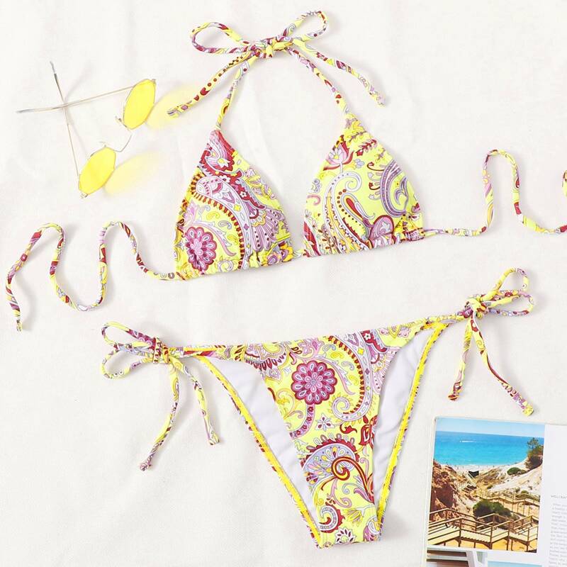 

Floral Paisley Halter Tie Side Bikini Swimsuit, Multicolor
