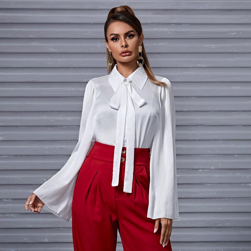

Tie Neck Solid Buttoned Blouse, White