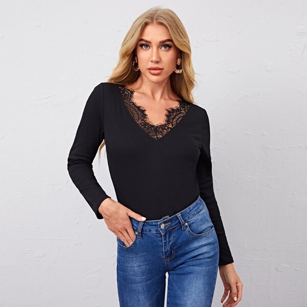 

Eyelash Lace Trim Neck Top, Black