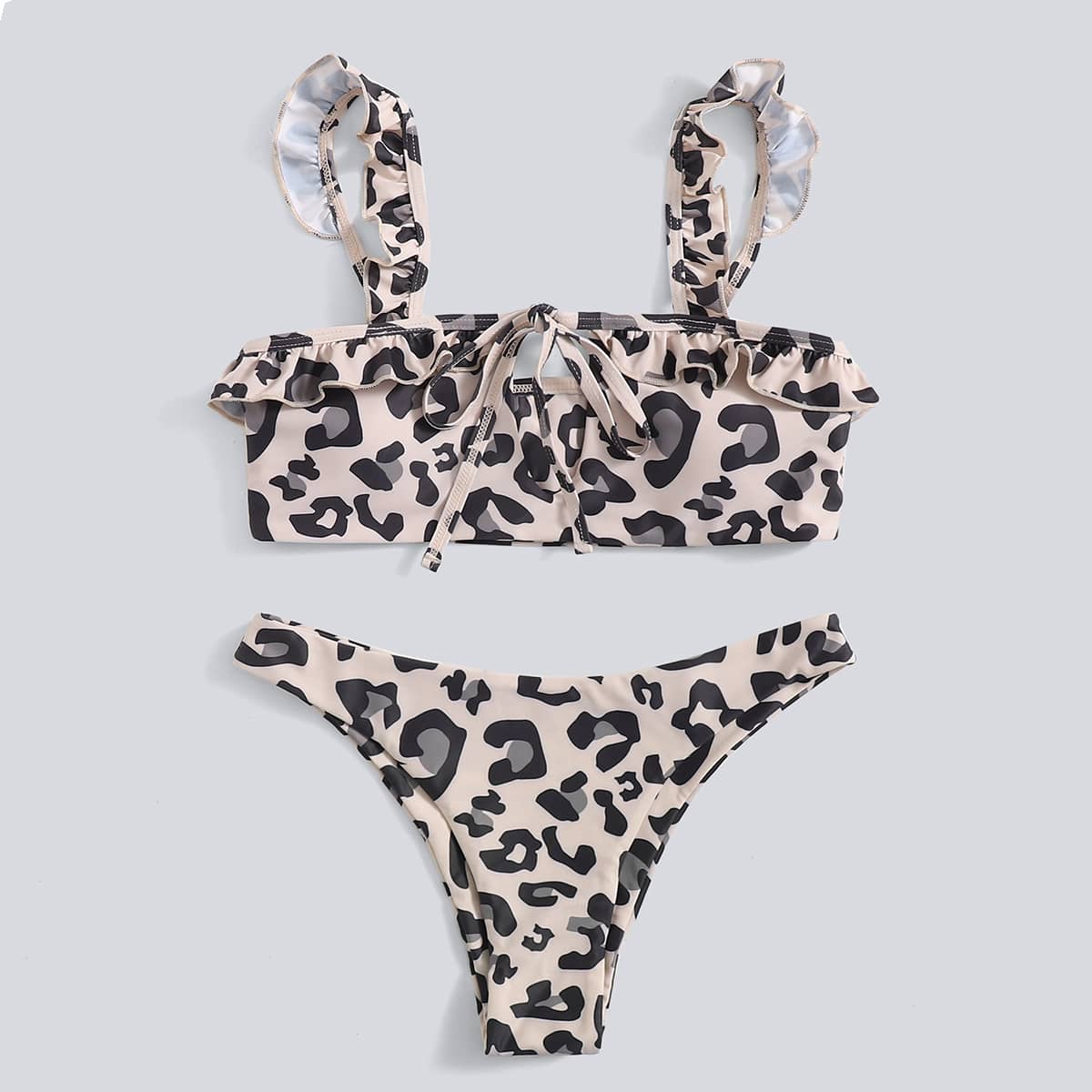 

Leopard Frill Trim Bikini Swimsuit, Multicolor