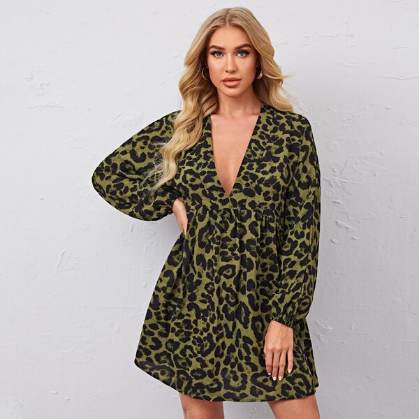 

Plunging Neck Lantern Sleeve Leopard Smock Dress, Multicolor