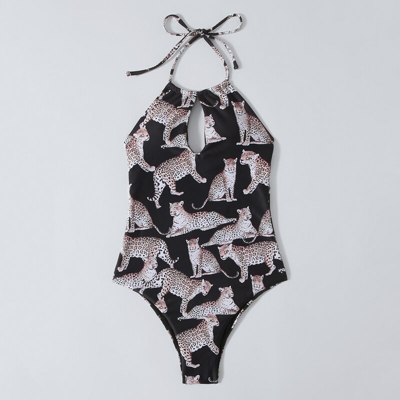 

Leopard Print Halter One Piece Swimsuit, Multicolor
