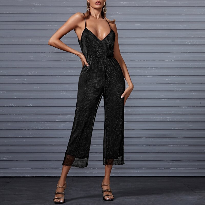 

Glitter Pleated Cropped Cami Jumpsuit, Black