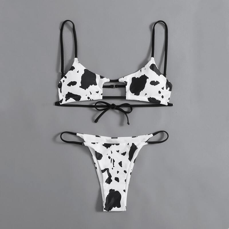 

Cow Print Cut-out Thong Bikini Swimsuit, Black and white