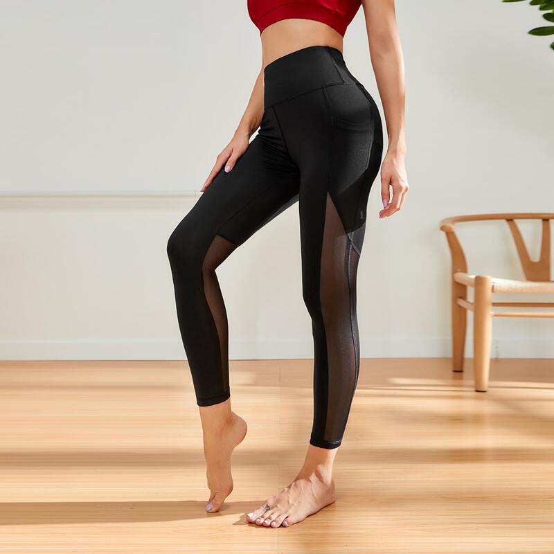 

Contrast Mesh Sports Leggings With Phone Pocket, Black