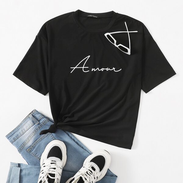 

Drop Shoulder Letter Graphic Tee, Black