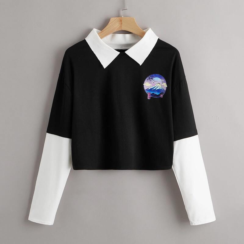 

ROMWE X Vincenttrinidadart Mount Fuji Print Tee, Black and white