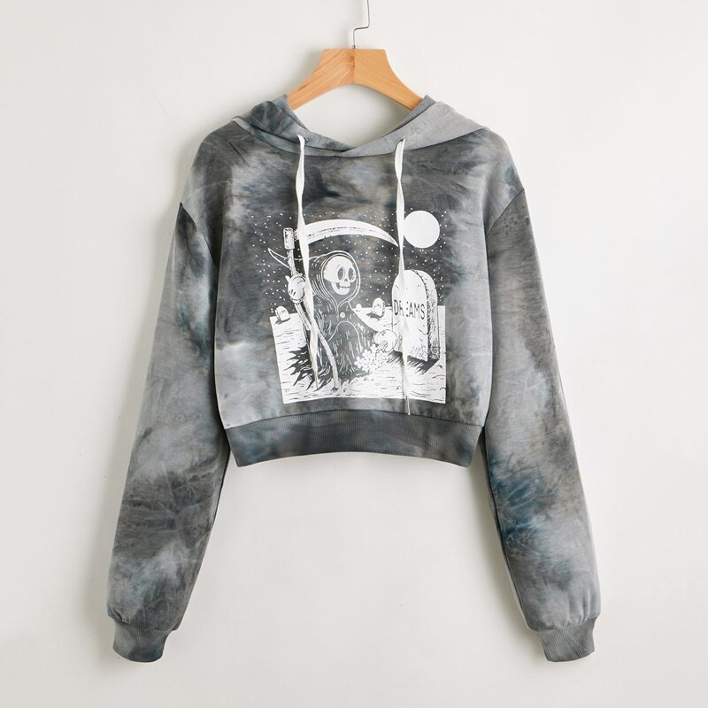 

ROMWE X Bro-oks-art Skull Print Hoodie, Grey