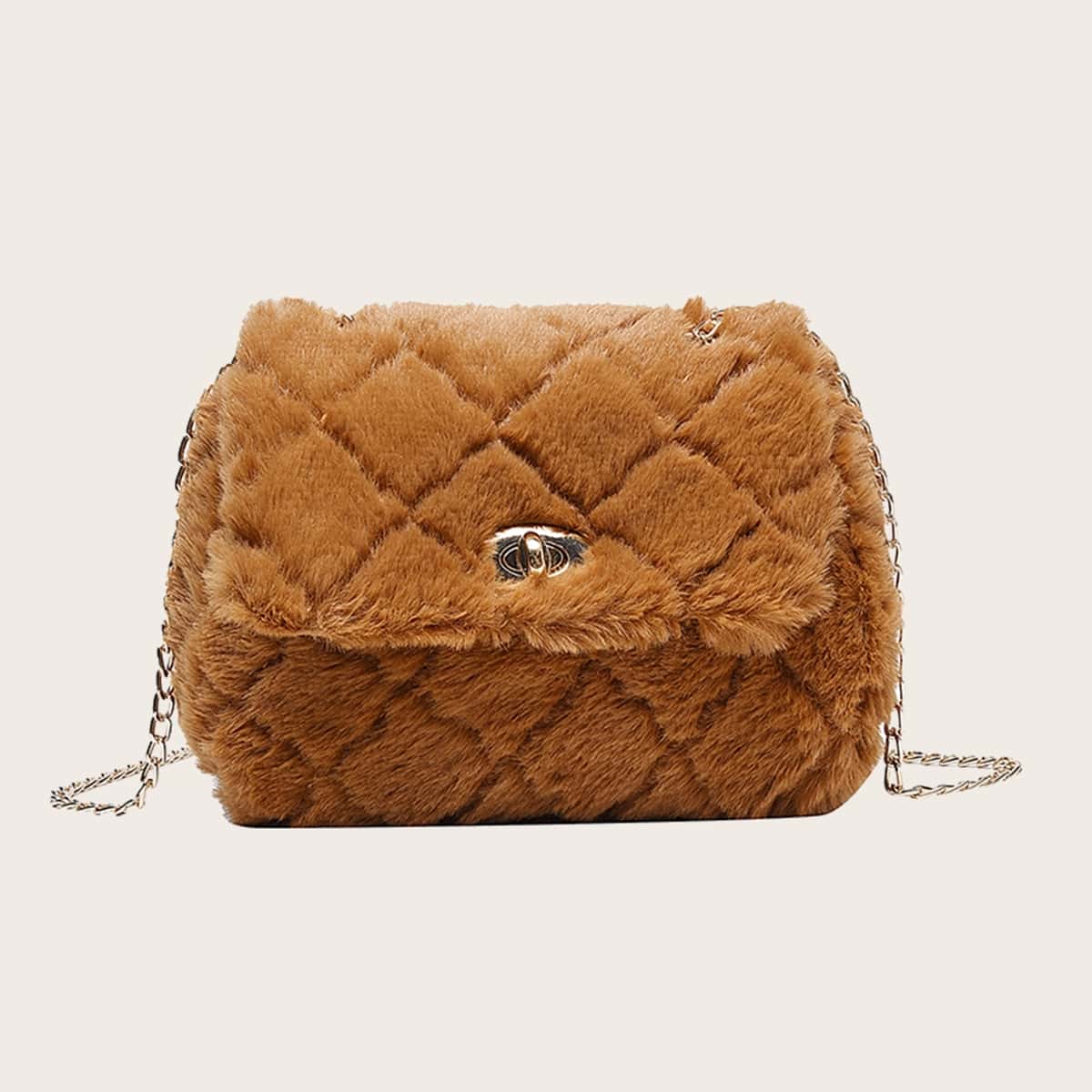 

Twist Lock Fluffy Chain Bag, Brown