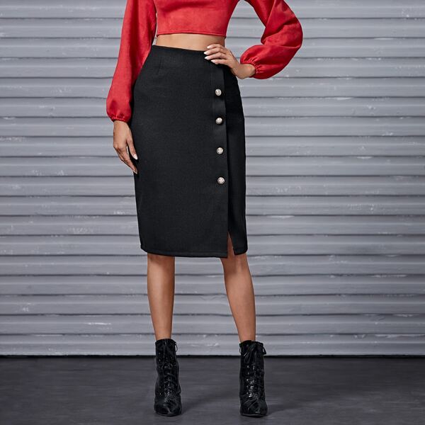 

High Waist Buttoned Wool-Mix Fabric Skirt, Black