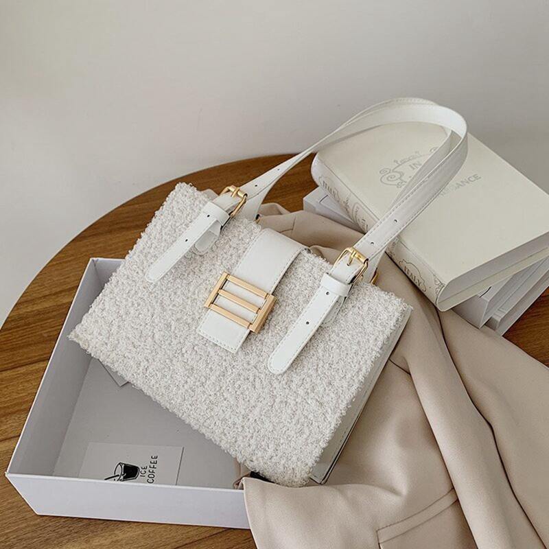 

Metal Buckle Fluffy Shoulder Bag, White