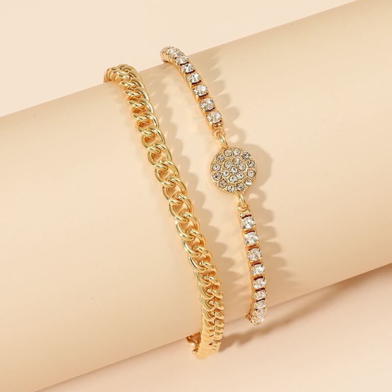 

2pcs Rhinestone Coin Chain Bracelet, Gold
