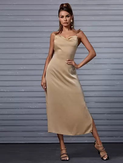 Slit Hem Silky Cami Dress