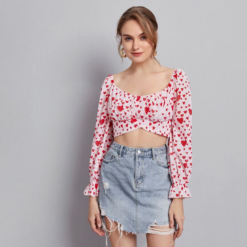 

Flounce Sleeve Tie Back Heart Print Top, Baby pink