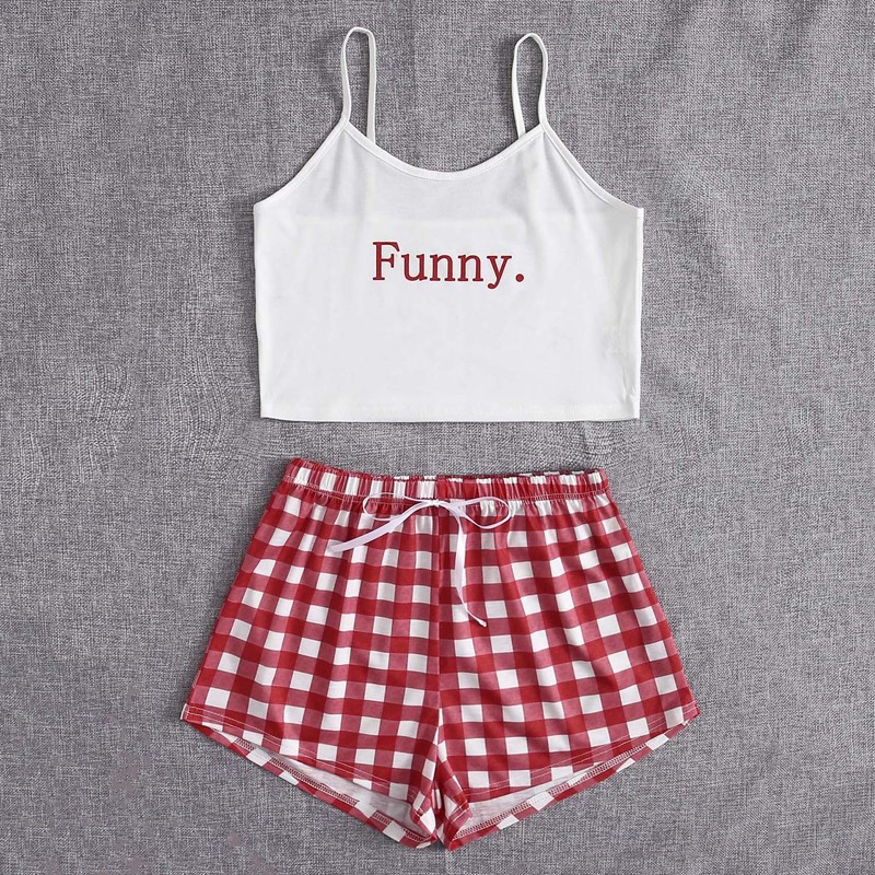 

Letter Gingham Shorts PJ Set, Red and white