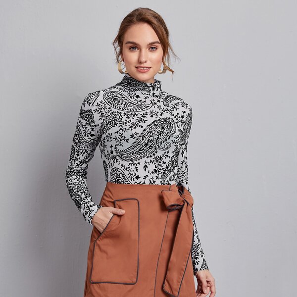 

Mock-Neck Paisley Print Top, White