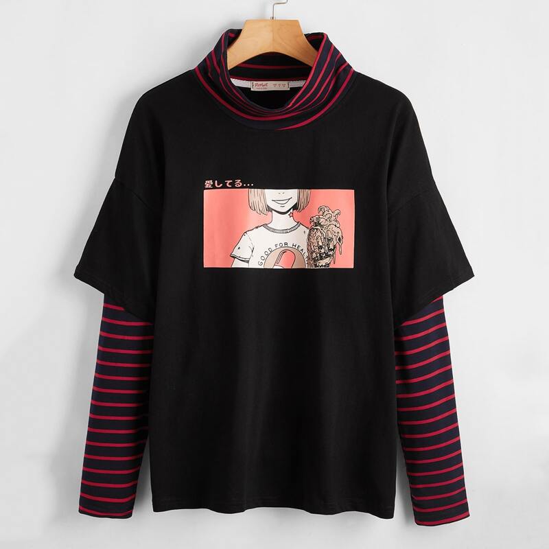 

2 In 1 Striped Sleeve Figure Graphic Tee, Black