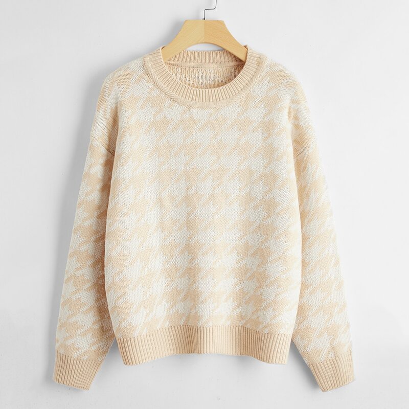 

Houndstooth Pattern Sweater, Beige