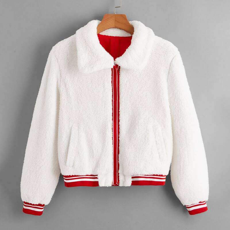 

Striped-Trim Teddy Jacket, White