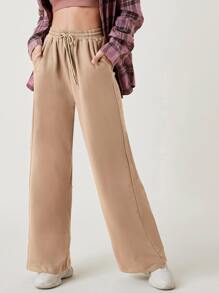 SHEIN BASICS Cotton Drawstring Waist Slant Pocket Palazzo Trousers - Khaki - View 1