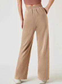 SHEIN BASICS Cotton Drawstring Waist Slant Pocket Palazzo Trousers - Khaki - View 2
