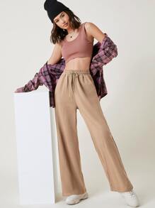 SHEIN BASICS Cotton Drawstring Waist Slant Pocket Palazzo Trousers - Khaki - View 3