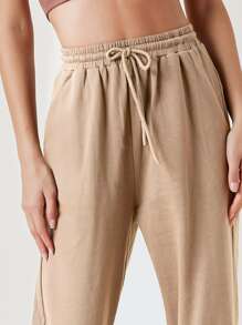 SHEIN BASICS Cotton Drawstring Waist Slant Pocket Palazzo Trousers - Khaki - View 4