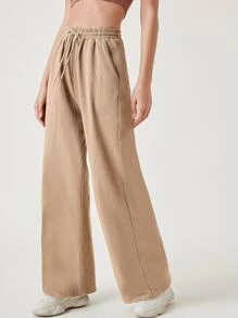 SHEIN BASICS Cotton Drawstring Waist Slant Pocket Palazzo Trousers - Khaki - View 5