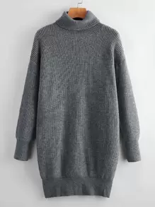 Ribbed Turtleneck Mini White Sweater Dress - Dark Grey - View 1