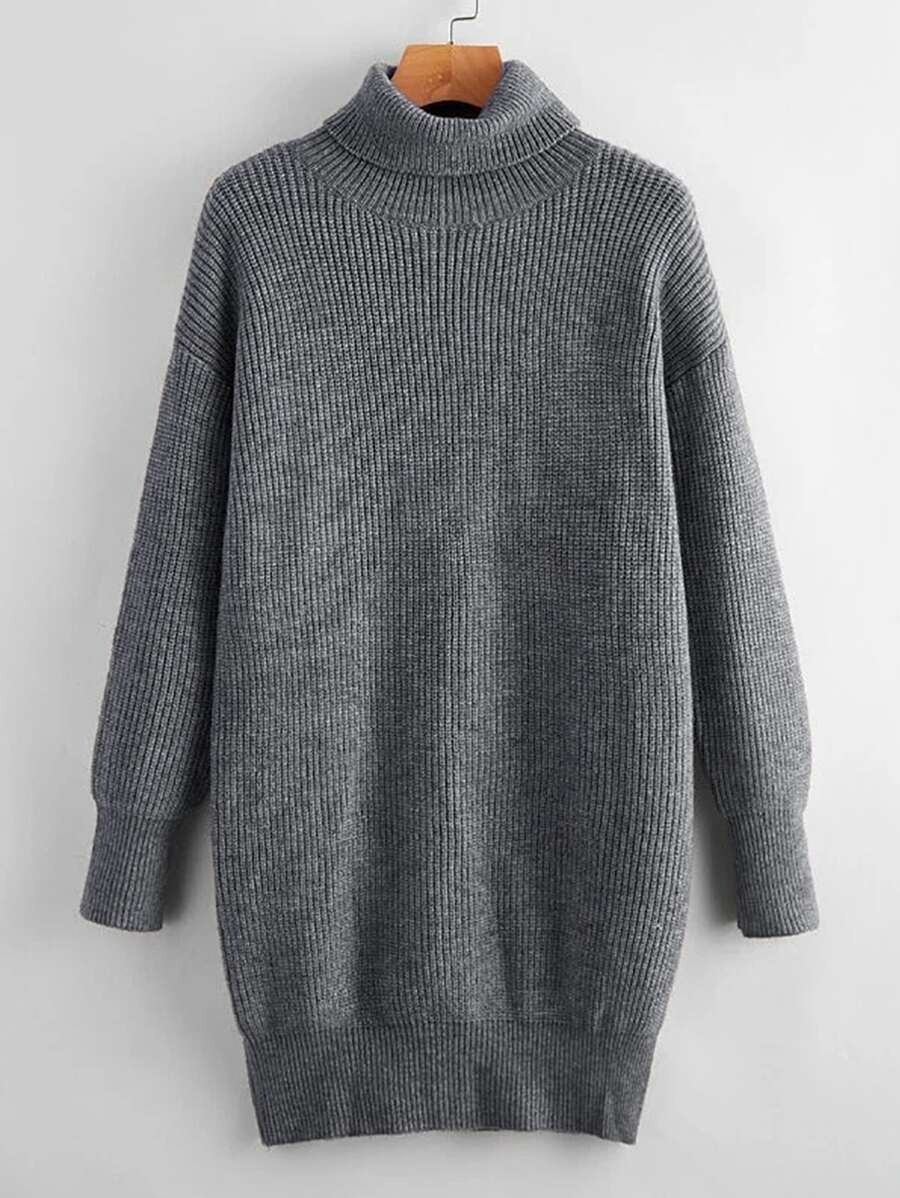 Ribbed Turtleneck Mini White Sweater Dress - Dark Grey - View 1