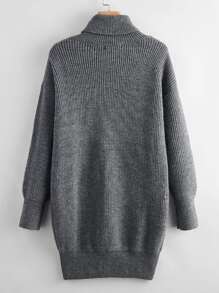 Ribbed Turtleneck Mini White Sweater Dress - Dark Grey - View 2
