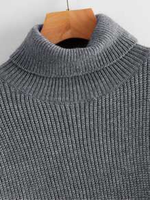 Ribbed Turtleneck Mini White Sweater Dress - Dark Grey - View 3