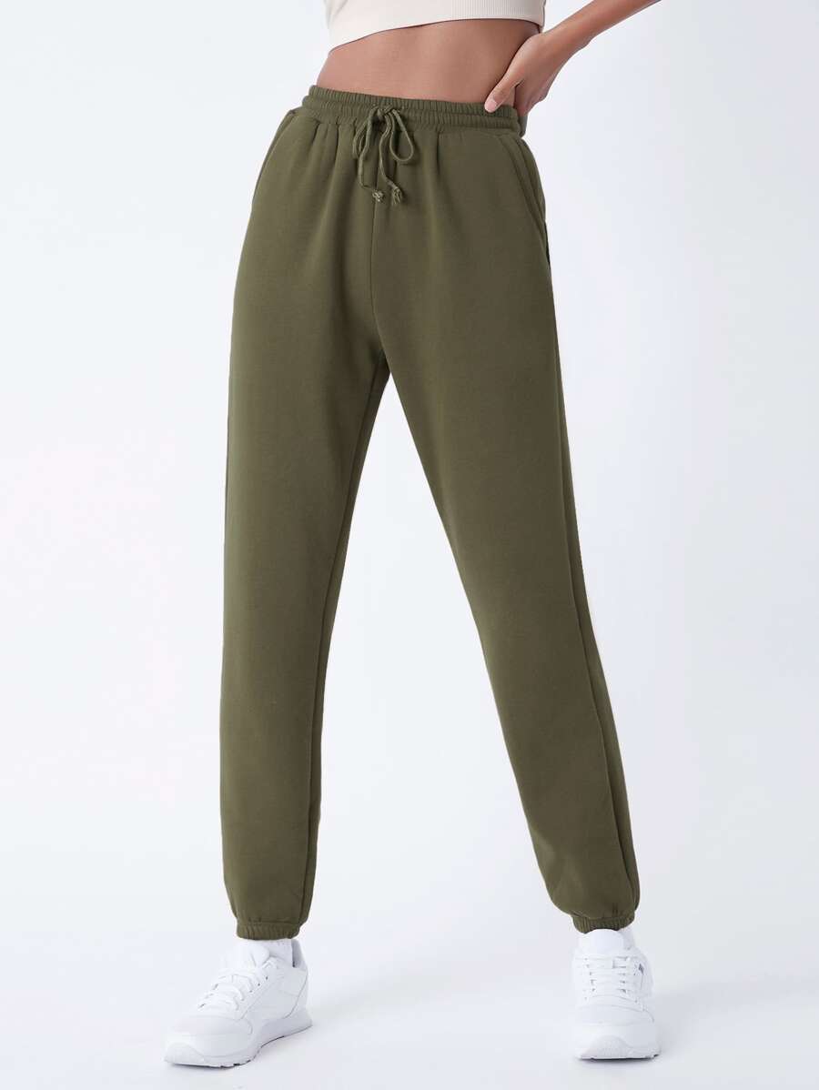SHEIN BASICS 含棉腰部抽繩斜口袋素色搖粒絨束腳褲 - 軍綠色 - 查看 1