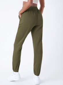 SHEIN BASICS 含棉腰部抽繩斜口袋素色搖粒絨束腳褲 - 軍綠色 - 查看 2