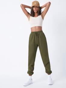 SHEIN BASICS 含棉腰部抽繩斜口袋素色搖粒絨束腳褲 - 軍綠色 - 查看 3
