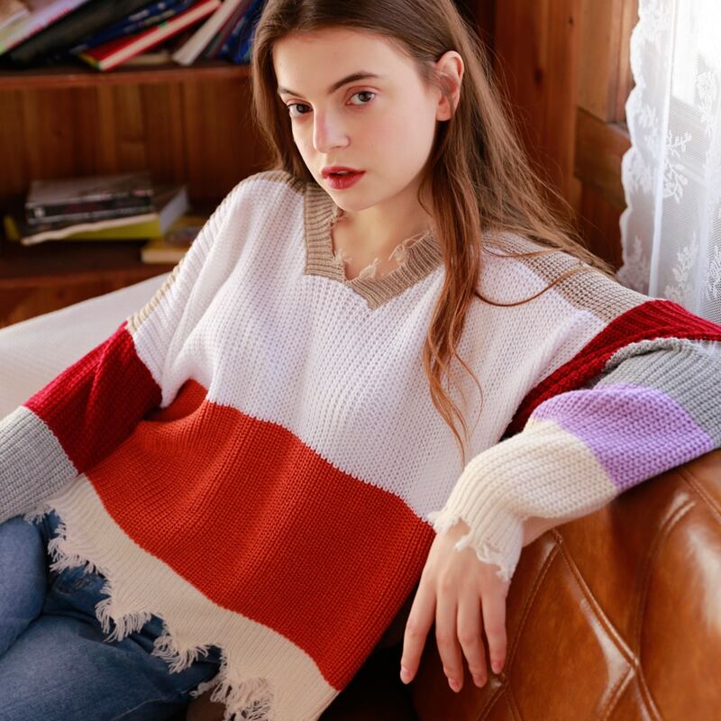 

Colorblock Frayed Sweater, Multicolor