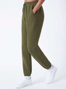 SHEIN BASICS 含棉腰部抽繩斜口袋素色搖粒絨束腳褲 - 軍綠色 - 查看 4