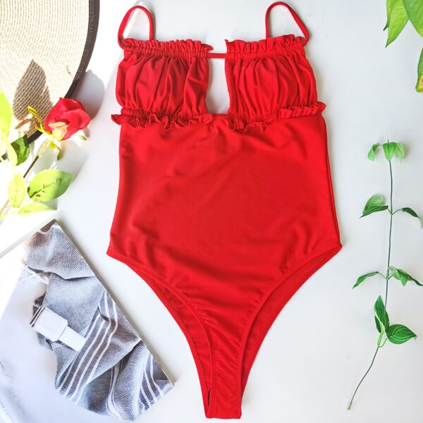 

Frill Trim Cut Out One Piece Swimsuit, Red