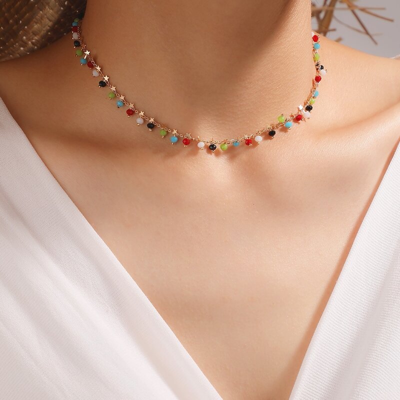 Star & Beaded Tassel Choker, Multicolor