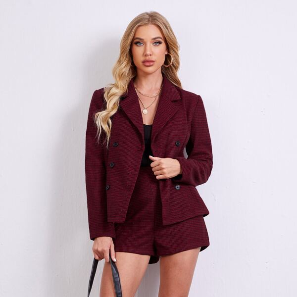 

Double Button Houndstooth Blazer & Shorts Set, Multicolor